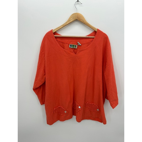 Palm Grove Woman Tops - Lagenlook Woman 3X Coral Orange Cotton Tunic Crochet Fish Applique 3/4 Sleeve